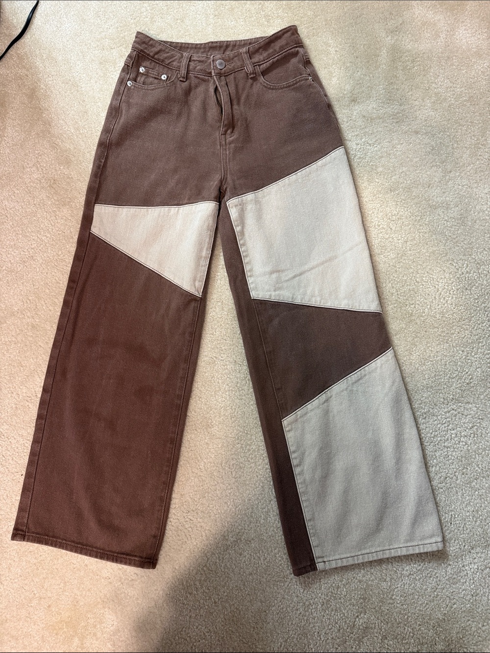 Cider Brown & Cream Patchwork Wide-Leg Pants